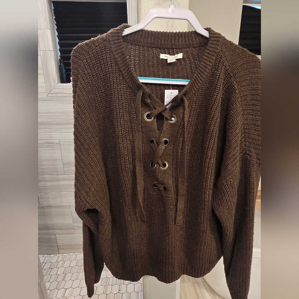 American Eagle Outfitters Brown Lace-Up Scoop Neck Sweater